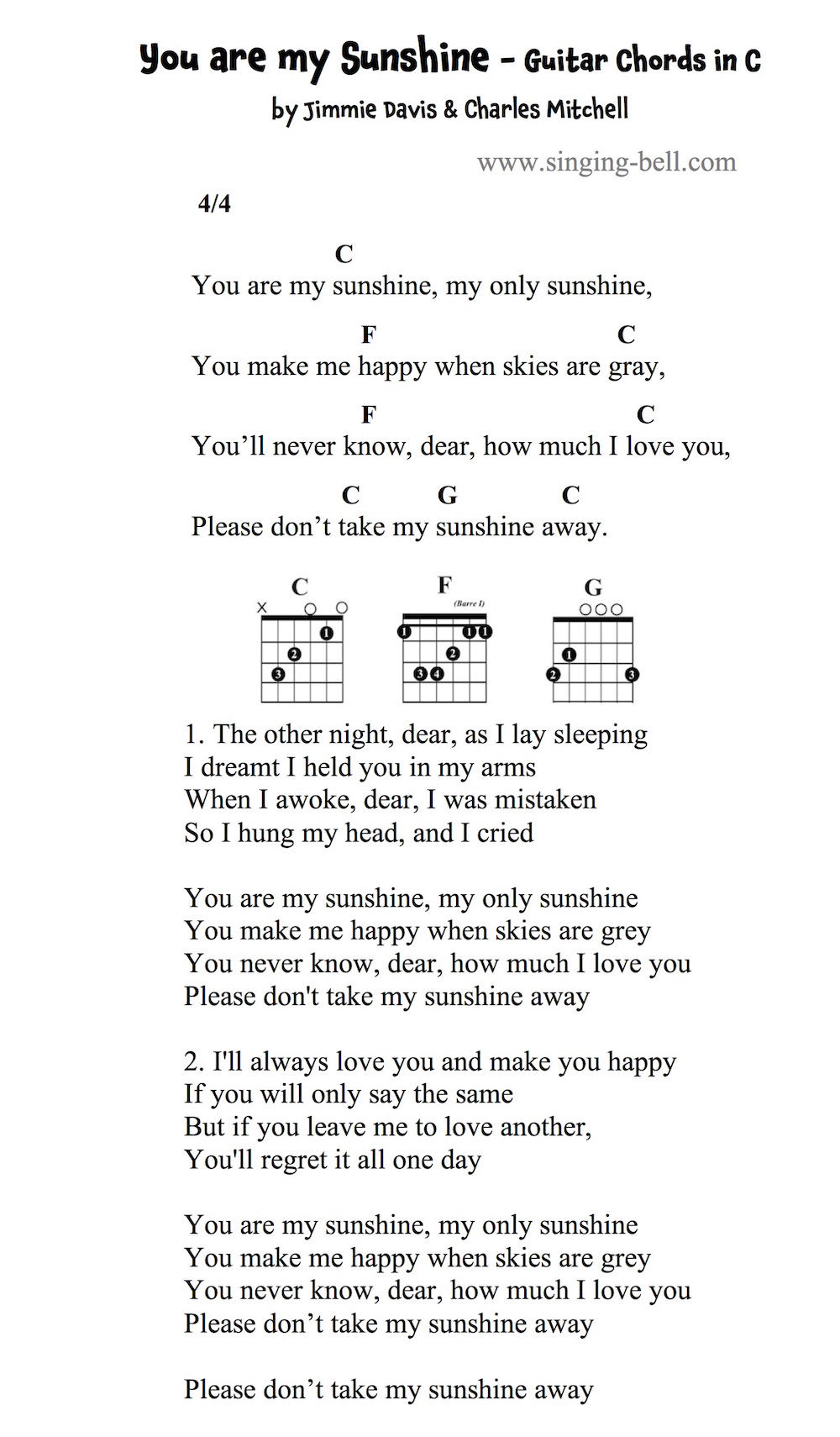 you are my sunshine - guitar chords, tabs, sheet music pdf